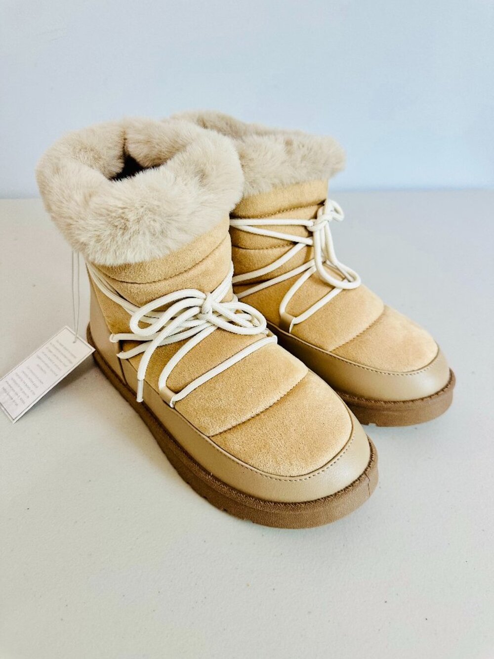 NEW ASPEN BEIGE QUILTED PUFFY FUR LACE FAUX SHEARLING SLIP-ON BOOTS SIZE 9